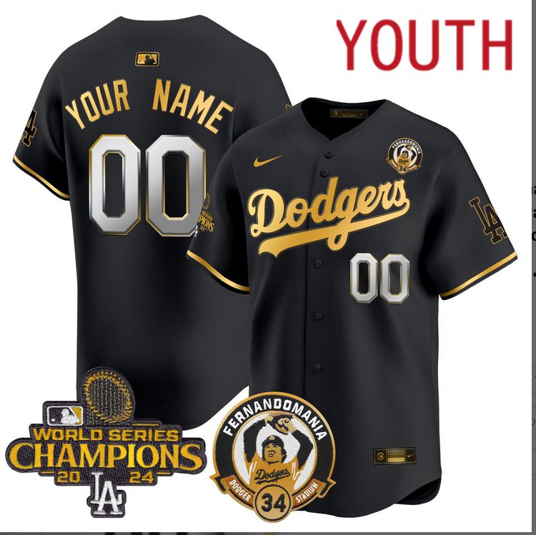 Youth MLB Los Angeles Dodgers Custom black 2024 World Series Champions Patch Cooperstown Jersey style 8